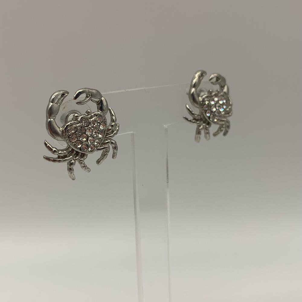 Silver Tone Crab Pierced Earrings with Rhinestones - Picture 3 of 8
